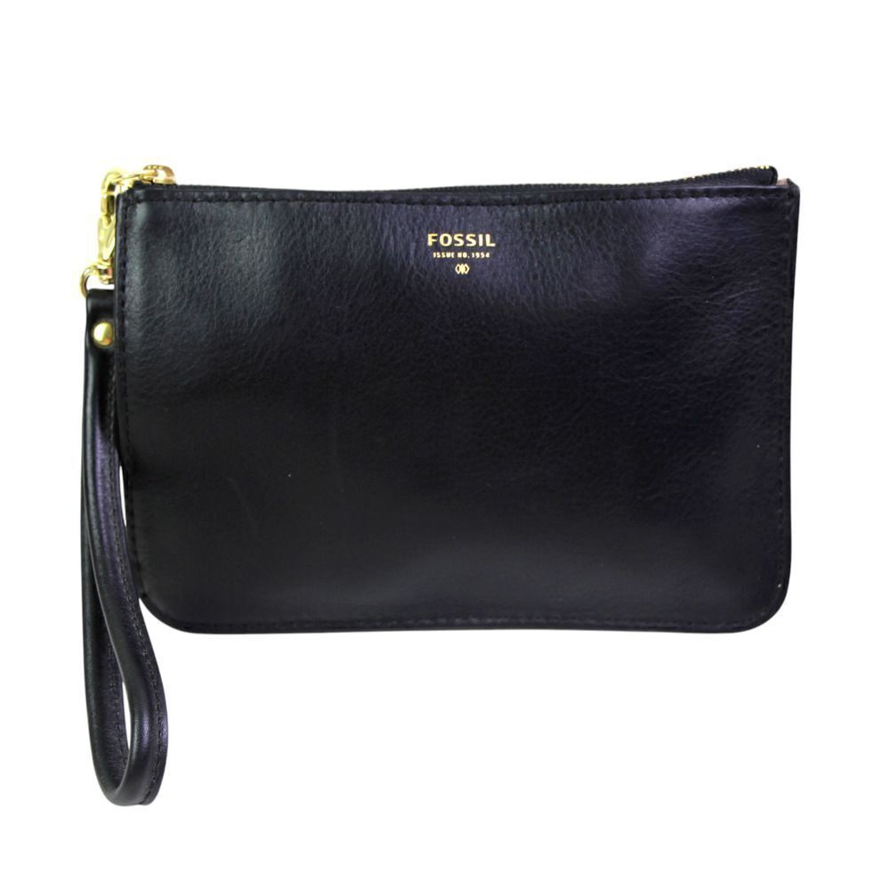 NWT Fossil BLACK GENUINE LEATHER ZIP TOP HANDBAG CLUTCH WRISTLET WALLET POUCH